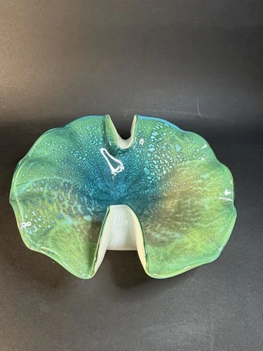 Vintage Italian Murano Cased Art Glass Bowl Blue Green Blue Turquoise Gold