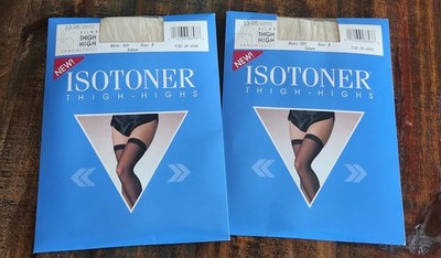 2 VTG ISOTONER Thigh High Pantyhose Stockings Silky Sheer LINEN Size 1 New