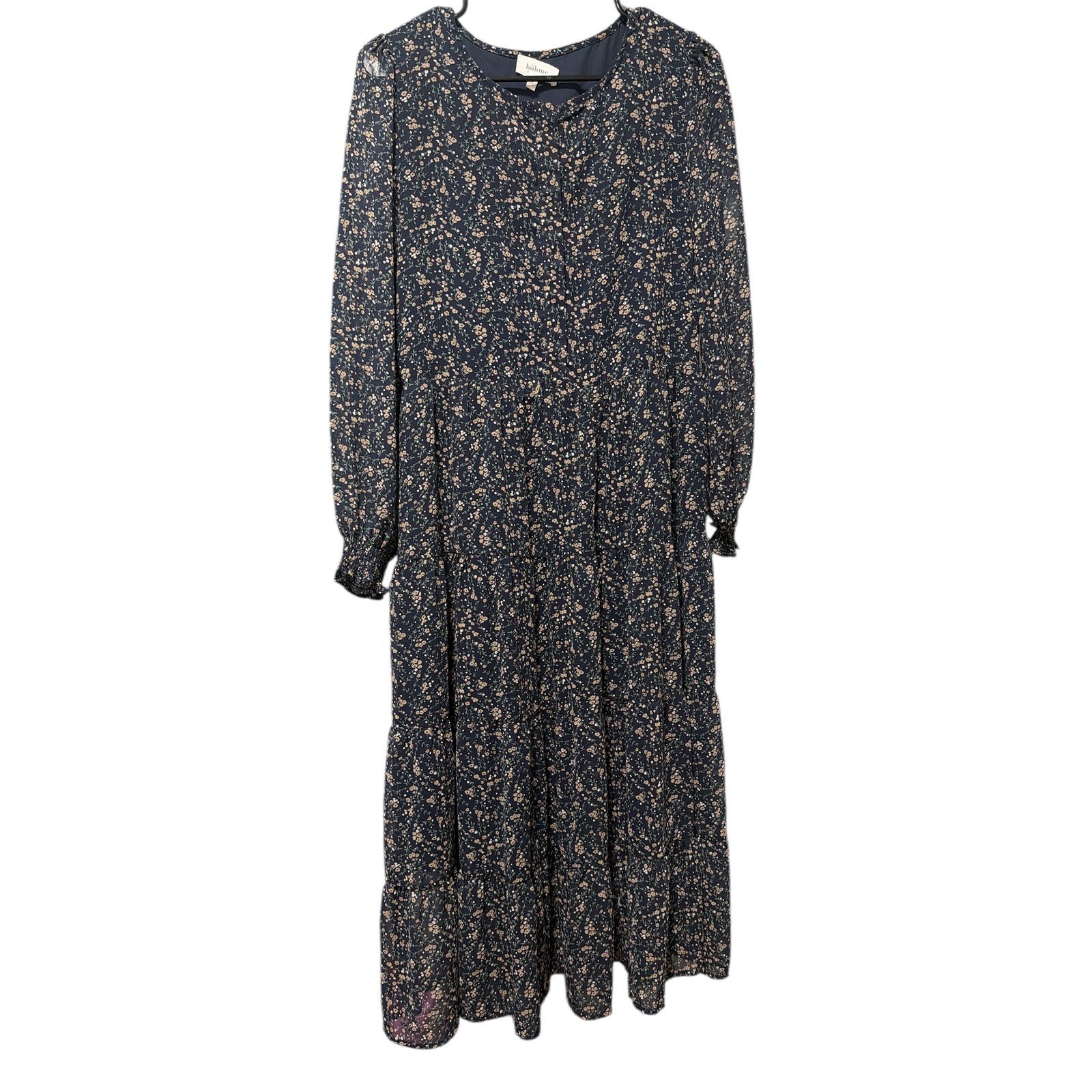 Bohme Navy Blue Floral Tiered Midi Dress Long Sleeve Smocked Cuffs Womens Size M