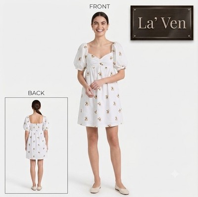 La  Ven Puff Sleeve Flower Bouquets Pockets Short Dress Small NWT