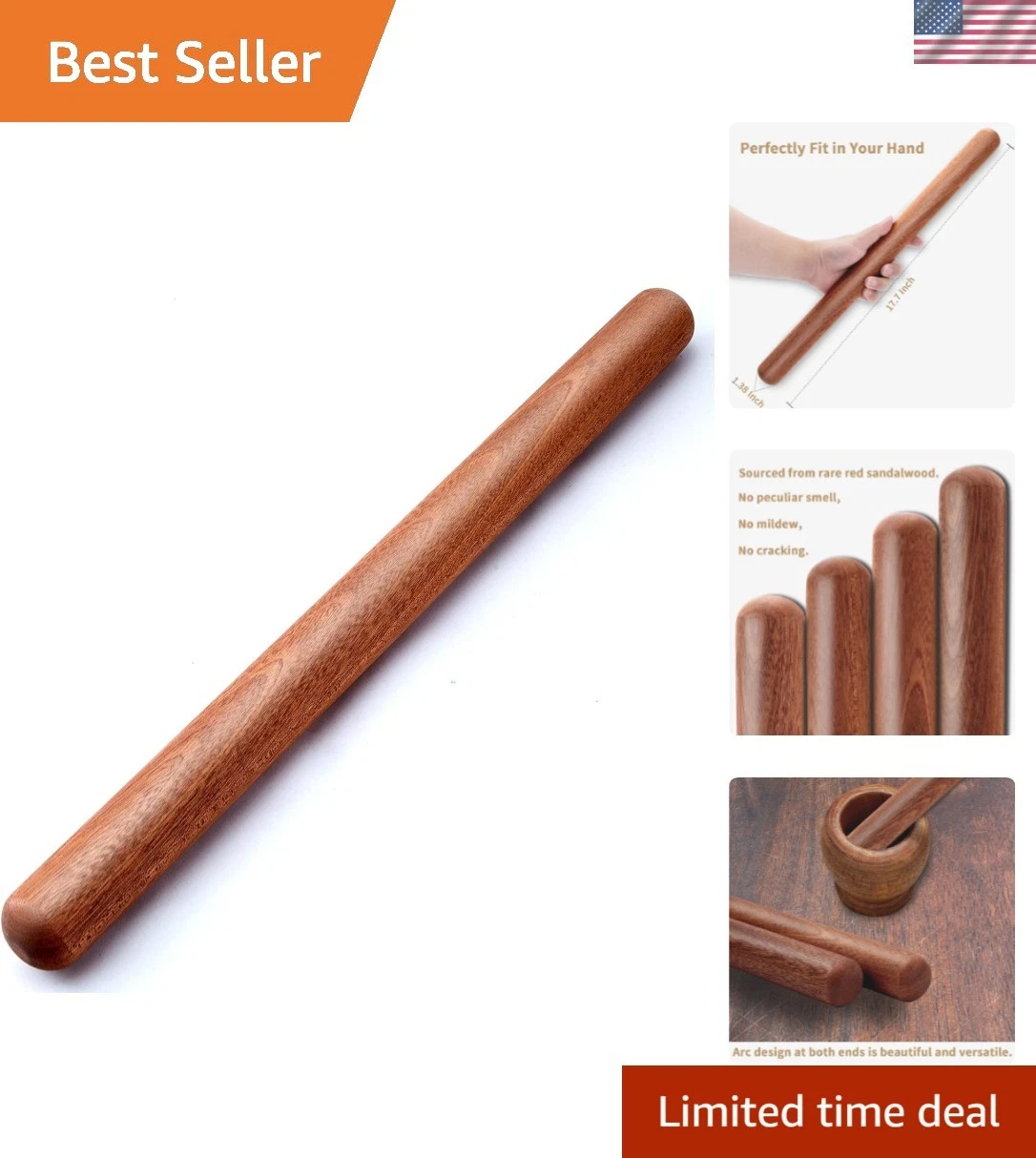 French Rolling Pin, 17.7 Inches Wood Rolling Pin for Baking Extra Long Thicke...
