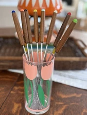  Vintage Fondue Forks – Set of 8 – Mid-Century Modern Wood Handles – Color Tips