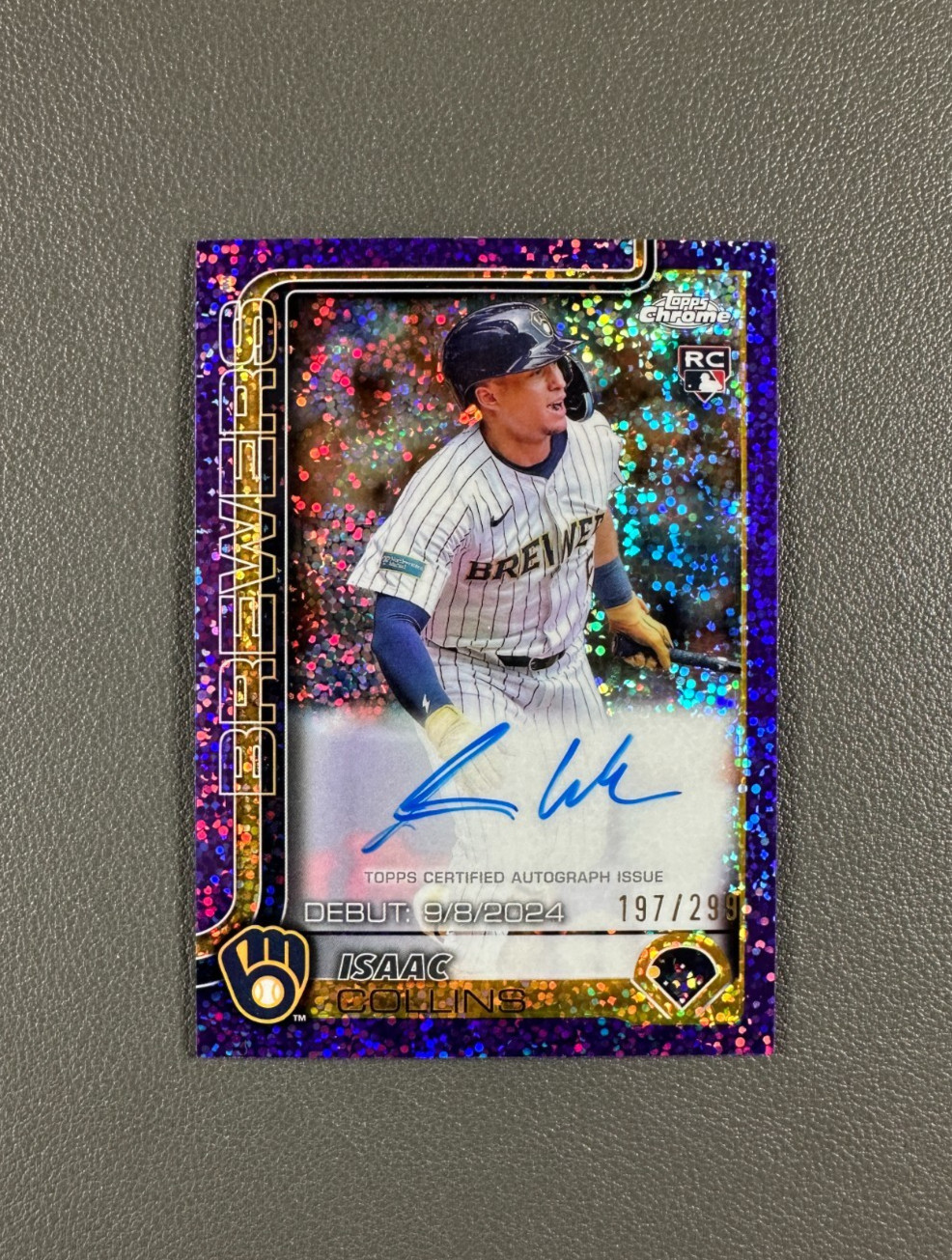 2025 Topps Chrome Isaac Collins /299 Rookie Purple Refractor Debut Auto RC #CRDA