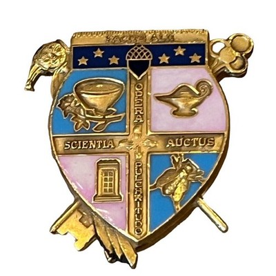 Frat School Pin Uni Opera Scientia Auctus Pulchrituoo Facite ALII Lapel Enameled
