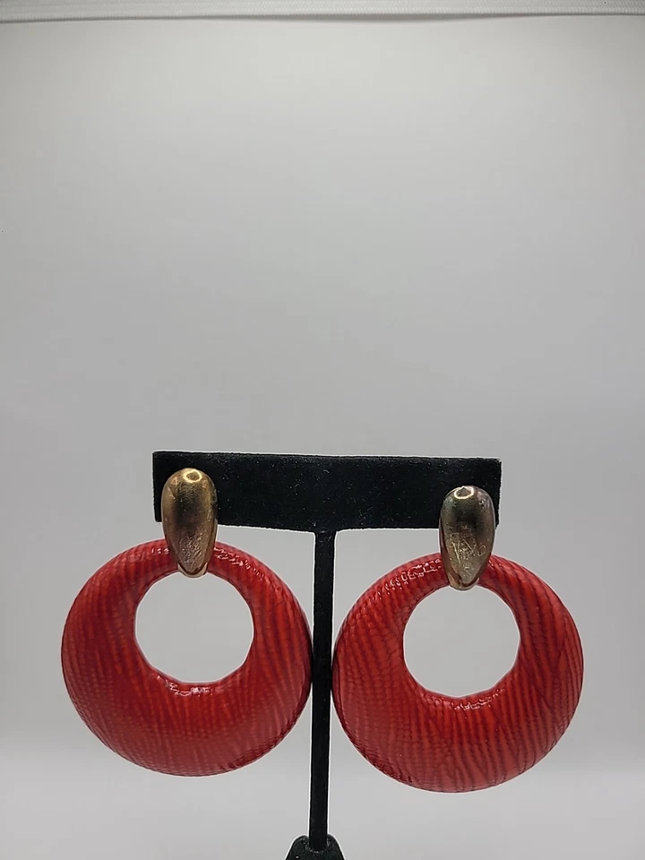 Vintage Earrings Pierced Red Hoops Gold Tone Jewelry Costume - Image 2 of 4