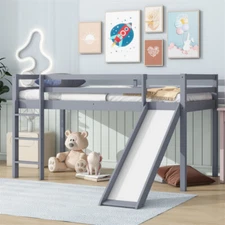 Twin Size Wood Low Loft Bed with Slide & Ladder for Kids Children Bedroom-Gray