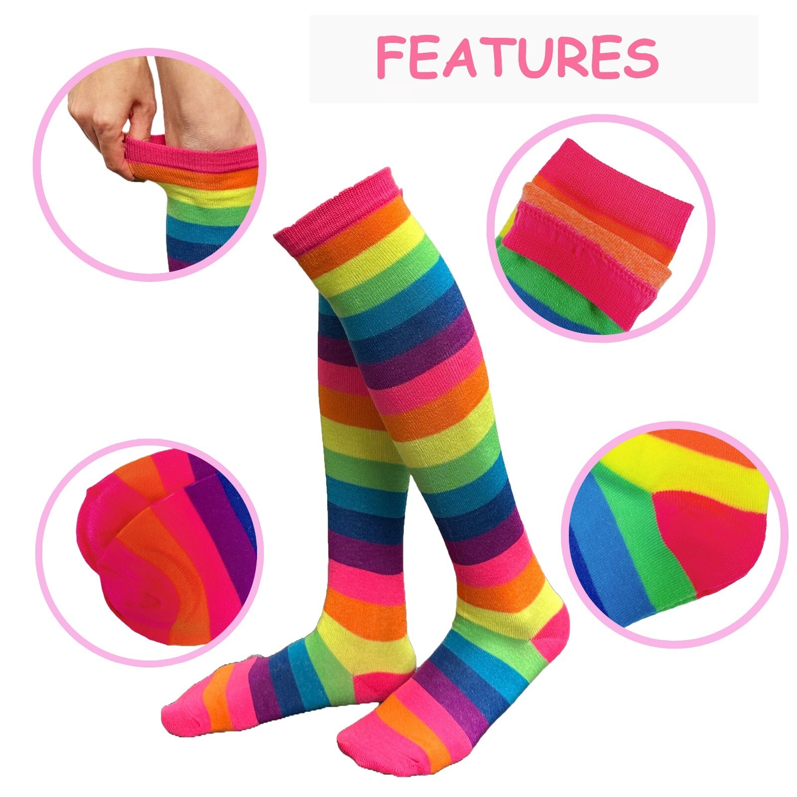 Neon Rainbow Striped Premium Quality Knee High Socks[6 Pairs]