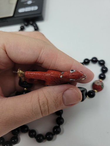 VINTAGE CHINESE CINNABAR ONYX CLOISONNE HORSE NECKLACE - Picture 5 of 9