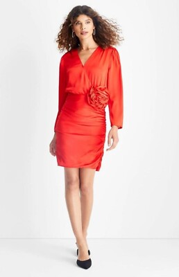 NWT~ Future Collective sz 17 Red LS Rosette Mini Dress Silky Satin Cocktail  FC | eBay