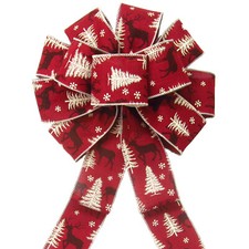 Wired Red Deer Snow Pine Forest Christmas Bows - Holiday Bows for Wreaths