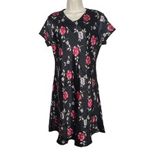 Vintage Jodi Michaels Black Pink Floral Aline Dress Women Size 11 12 Satin Look