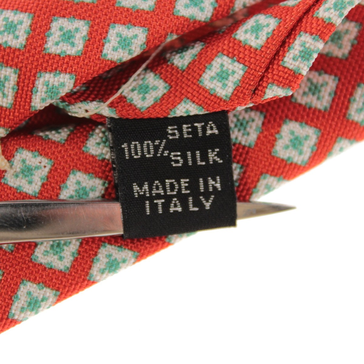 Cravate Kiton 100% Soie Sept Plis - Motif Orange Rougeâtre Avec Carreaux Sarcelle/blanc - Neuf Sans étiquette