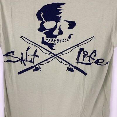 Salt Life Mens Size Small Sage Green Skull Fishing Pocket Short Sleeve T-Shirt