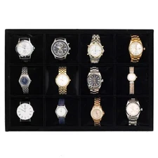 12 Slot Watch Tray Large Compartment Black Velvet Secure Storage Safe Display