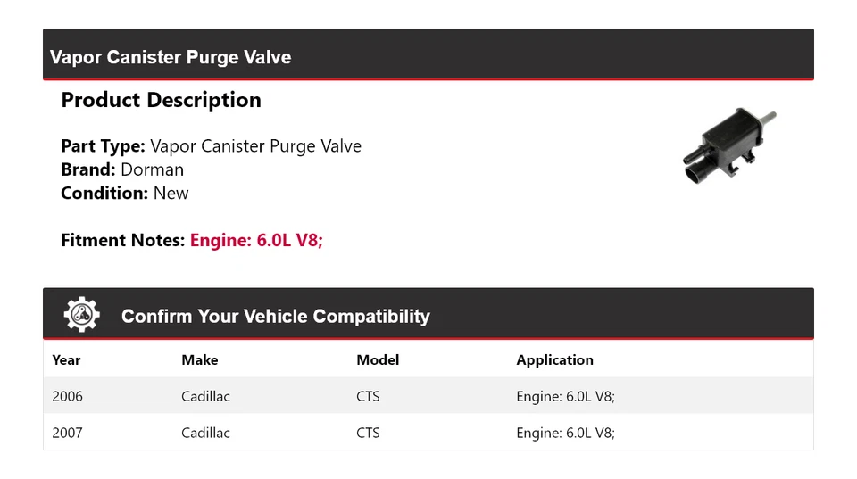 Válvula de purga de bote de vapor Dorman 6,0 L V8 2006-2007 Cadillac CTS 6,0 L Foto 2 de 4