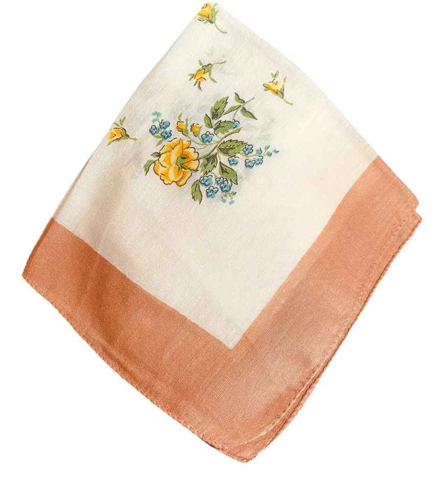 Vintage Hankie Handkerchief Yellow Roses Blue Floral Flowers Design Border HK1 - Image 3 of 4
