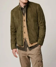 Men olive Green Leather Jacket - New Real Suede Leather Moto Racer Biker Jacket