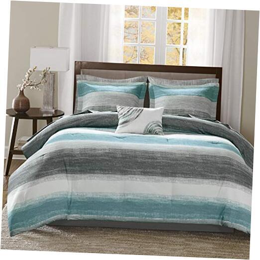 Essentials Queen Comforter Set, Bed in a Bag Queen (90 in x 90 in) Stripe Aqua