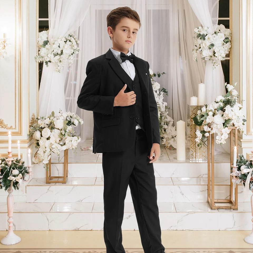 Esmoquin para niños Traje para niños Boda Escuela Cumpleaños Fiesta Pascua Conjunto de traje negro Foto 2 de 4