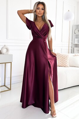 NUMOCO long satin dress CRYSTAL with deep neckline and slit size L