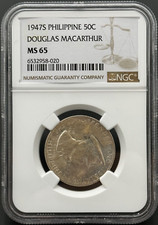 1947 S PHILIPPINES WWII General DOUGLAS MACARTHUR Silver 50 Cent Coin NGC MS 65