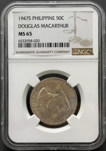 1947 S PHILIPPINES WWII General DOUGLAS MACARTHUR Silver 50 Cent Coin NGC MS 65