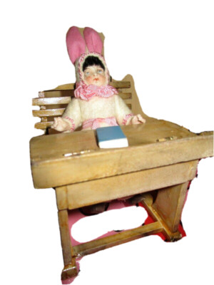 Antique HERTWIG EASTER doll -Rabbit-Bunny - wooden school bench ...