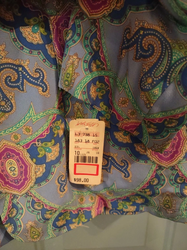 复古 90 年代 Leslie Faye 开放式夹克华丽佩斯利印花涤纶 10 码全新带标签 — 第 4/4 张图片