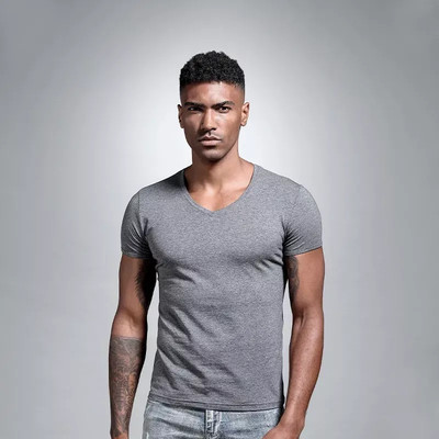 T-Shirt Shirt Herren V-Neck Grau 2 Tiefer Ausschnitt Slim Fit AB1DBC