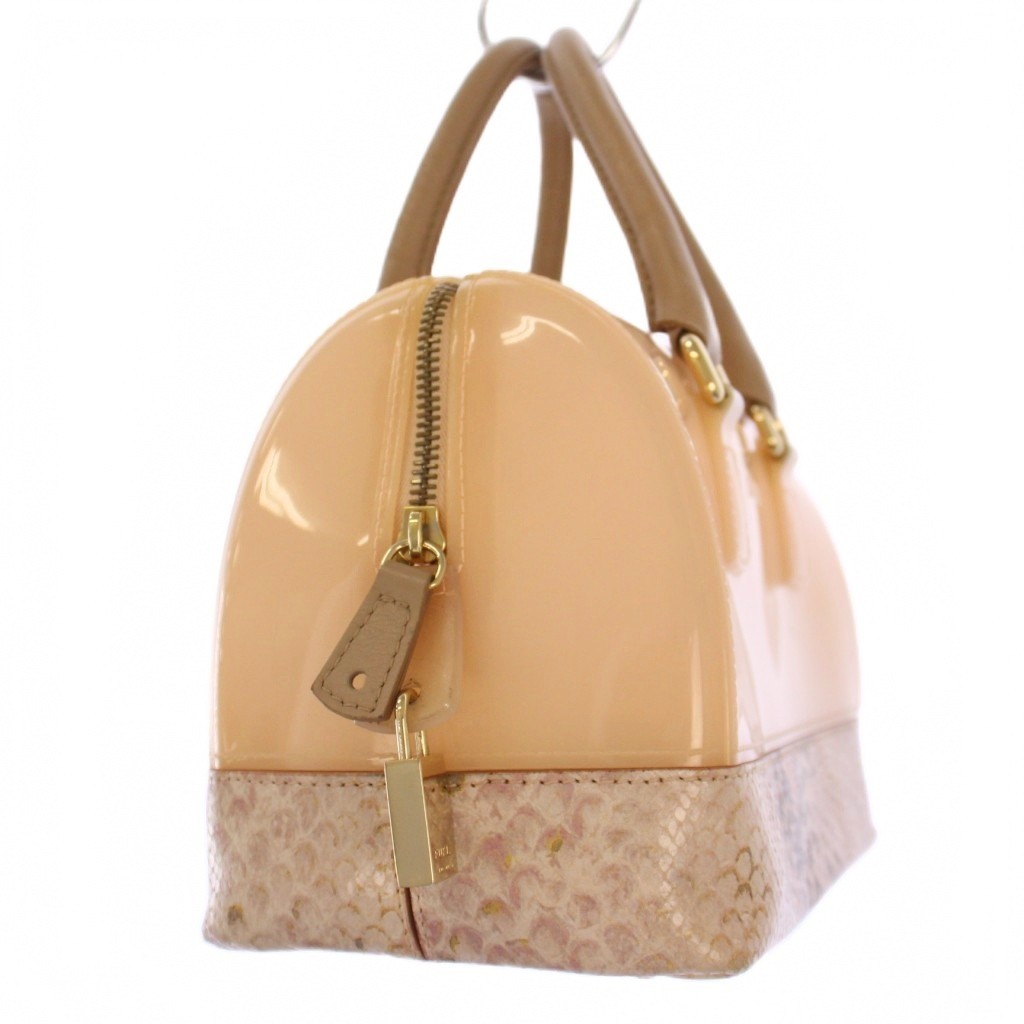 Furla Candy Handbag Python Embossed Pvc Pink Beig… - image 2