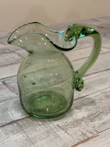 Blenko Small Curved Green Glass Pitcher 6" tall