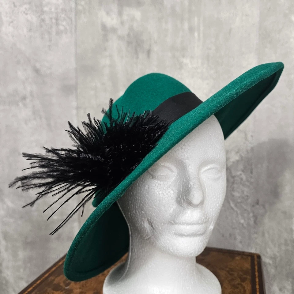Sombrero Pluma Pluma Años 60 70 Diseñado De Colección por Sylvia Fieltro Lana Verde Ala Ancha Foto 2 de 4