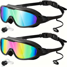2 Pack Adult Swim Goggles Anti-Fog Wide View Leakproof w/ Ear Nose Clip