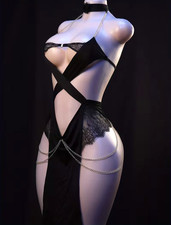 NEW Asian 1-Sz EGYPTIAN CATWOMAN SEDUCTION Black Lace Gld Chain Bodycon Lingerie