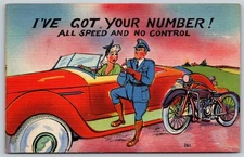 Vintage Comic Postcard I've Got Your Number Police Motorcycle Car AA98