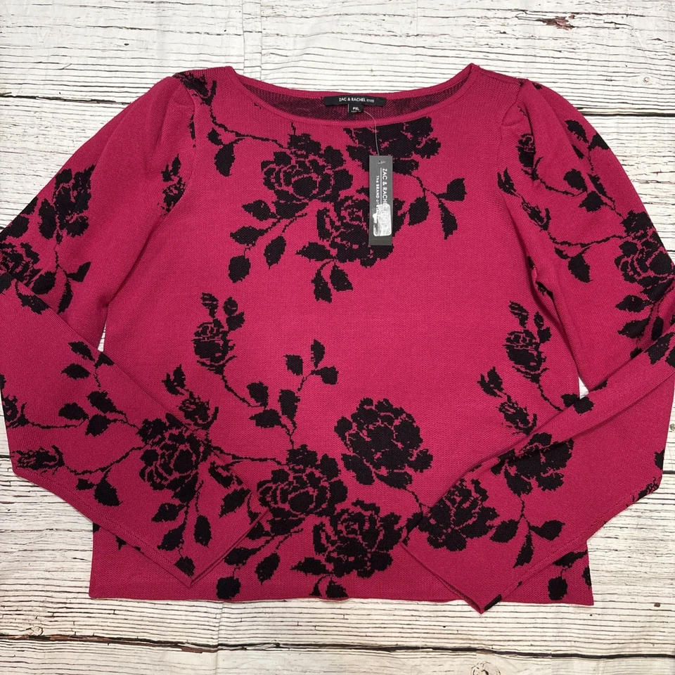 Zac & Rachel Sweater Women’s Fuchsia Black Roses Puff Sleeves Size Petite XL NEW - Image 2 of 4