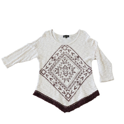 Absolutely Famous Tunic Sweater Woman's M Top Aztec Print Scarf Fringe Hem