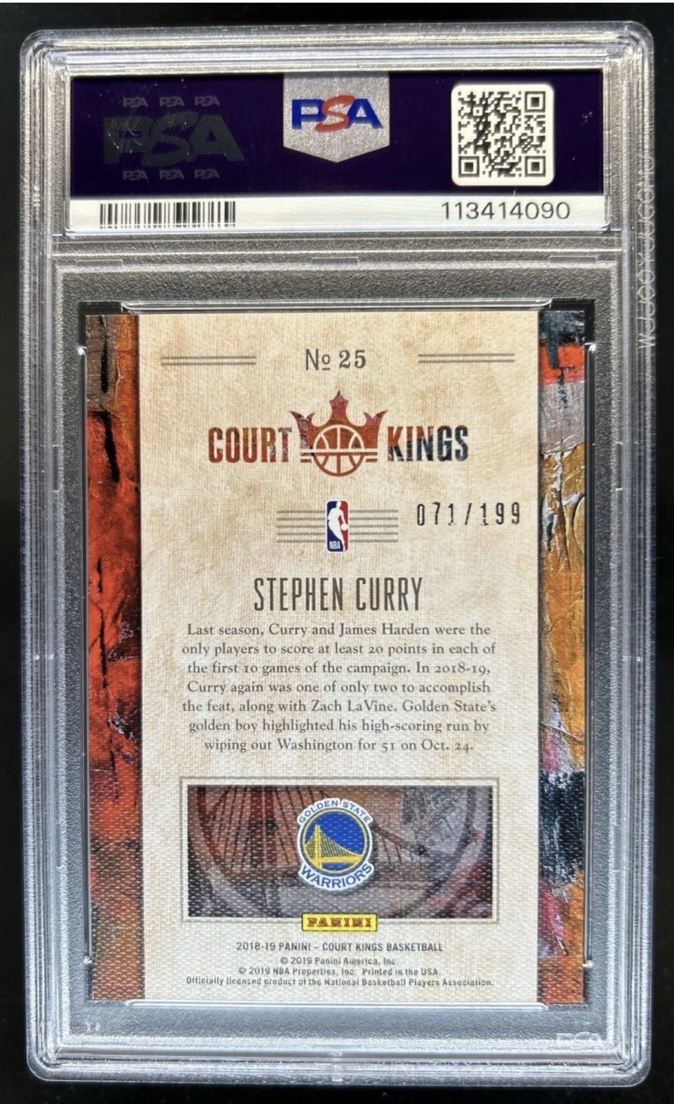 2018-19 Panini Court Kings Stephen Curry Portraits #/199 Warriors PSA 9 view 2