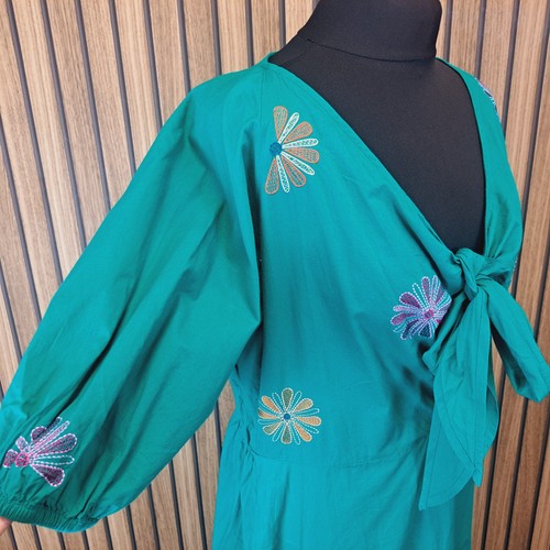 Monsoon Midi Dress Green Floral Large UK 16 Half Sleeve Flare Embroidered Cotton - Picture 4 of 11