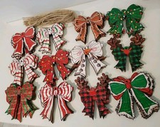 36 Wooden Multicolored Bows With Jute Hangers Ornaments 3"