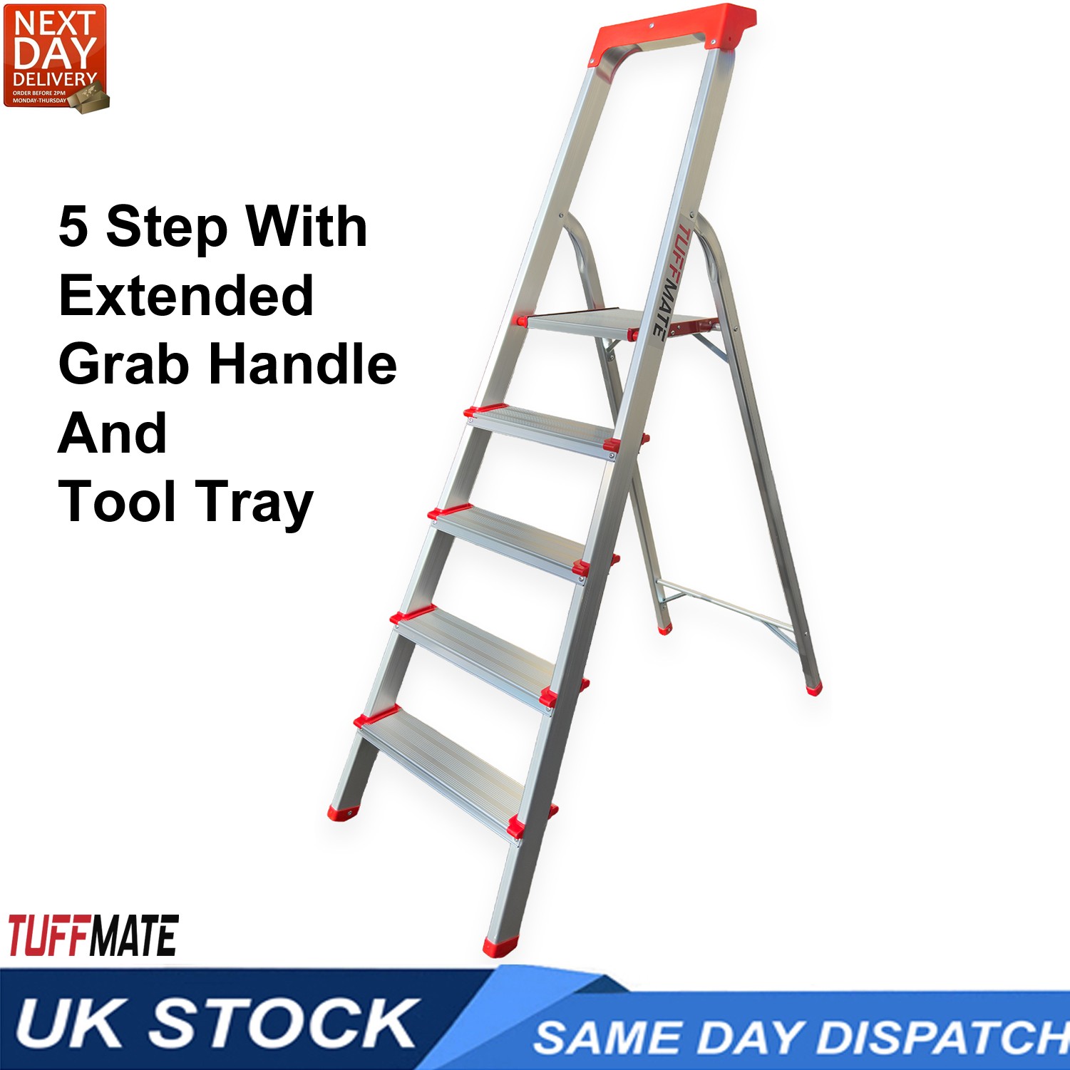 Step Ladder 5 Step Aluminum Folding High Grab Handle and Tool Tray TUFFMATE