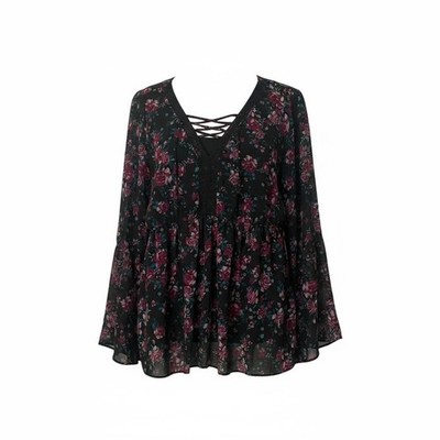 Torrid 1 Dark Floral Whimsigoth Chiffon Lace Up Top Size 1X Flare Sleeve Black