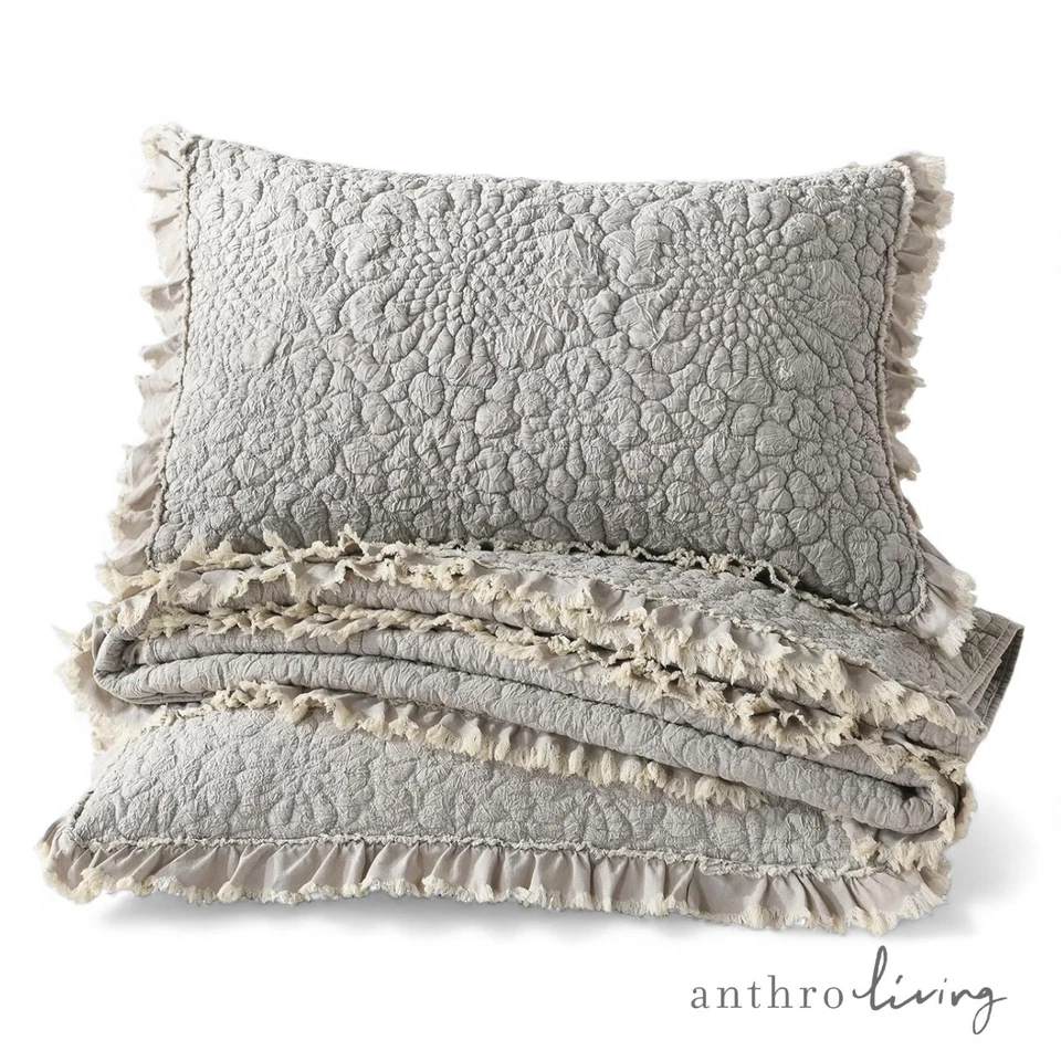 NUEVO Juego de edredón y farsa de ropa de cama Queen/King gris antro beige boho con volantes arrugados Foto 3 de 4