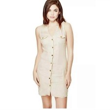 Guess Sleeveless Mini Dress Button Down Shirt Dress Tan S retro designer beach