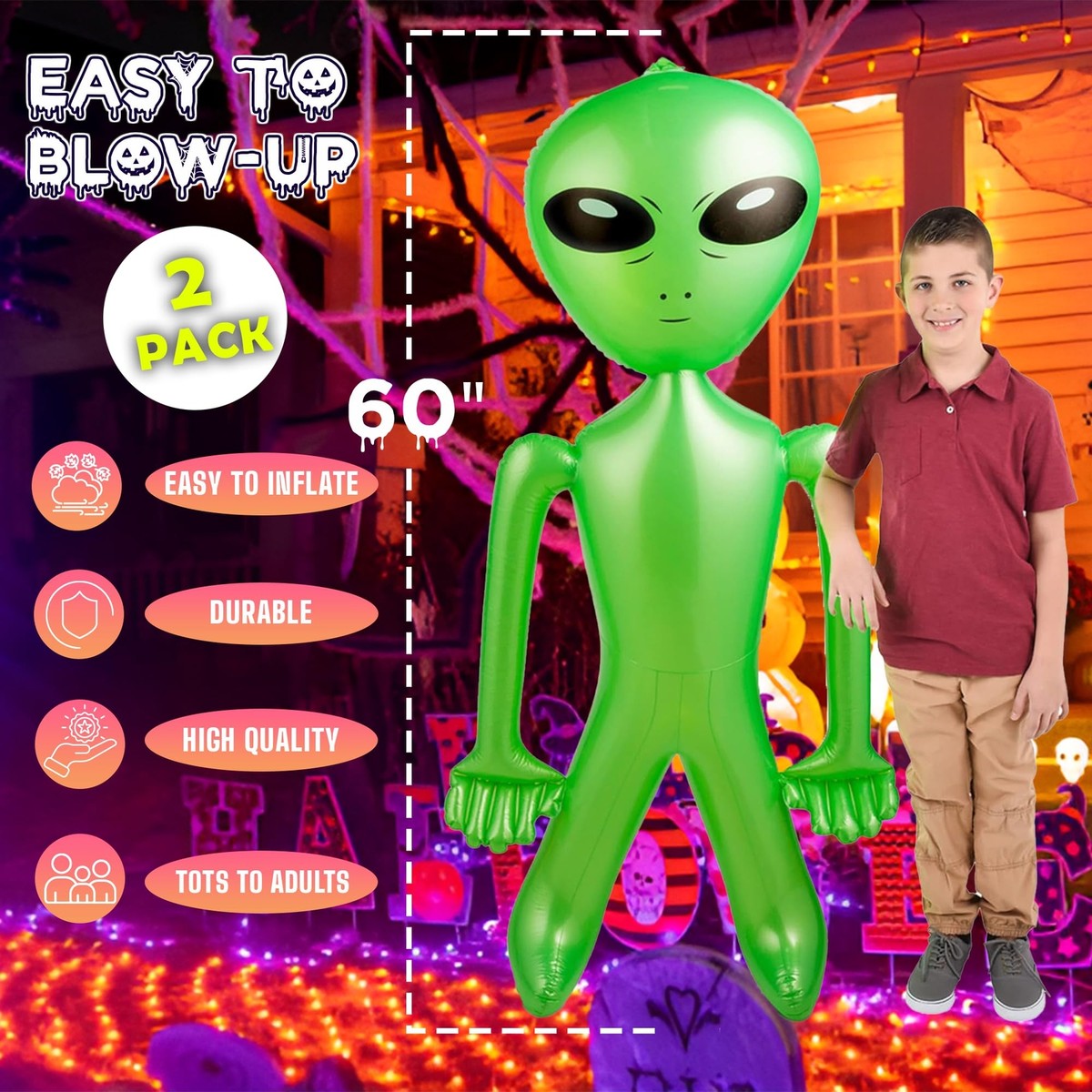 4-Pack Giant Inflatable Aliens - 67 Inch Green PVC Alien Decor For Halloween & Parties
