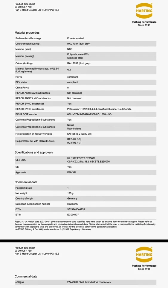 HARTING PN: 09300061750 6B Han B Hood Coupler LC 1 Lever PG 13.5 - Image 3 of 3