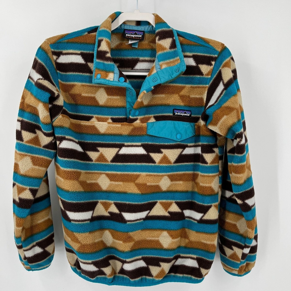 Patagonia Synchilla Fleece Pullover Womens Size S Snap Teal Brown Aztec  Mountain