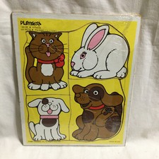 Vintage Playskool Wooden Tray Puzzle My Pets  180-08 1-3yr 4pc Dogs Cat Bunny
