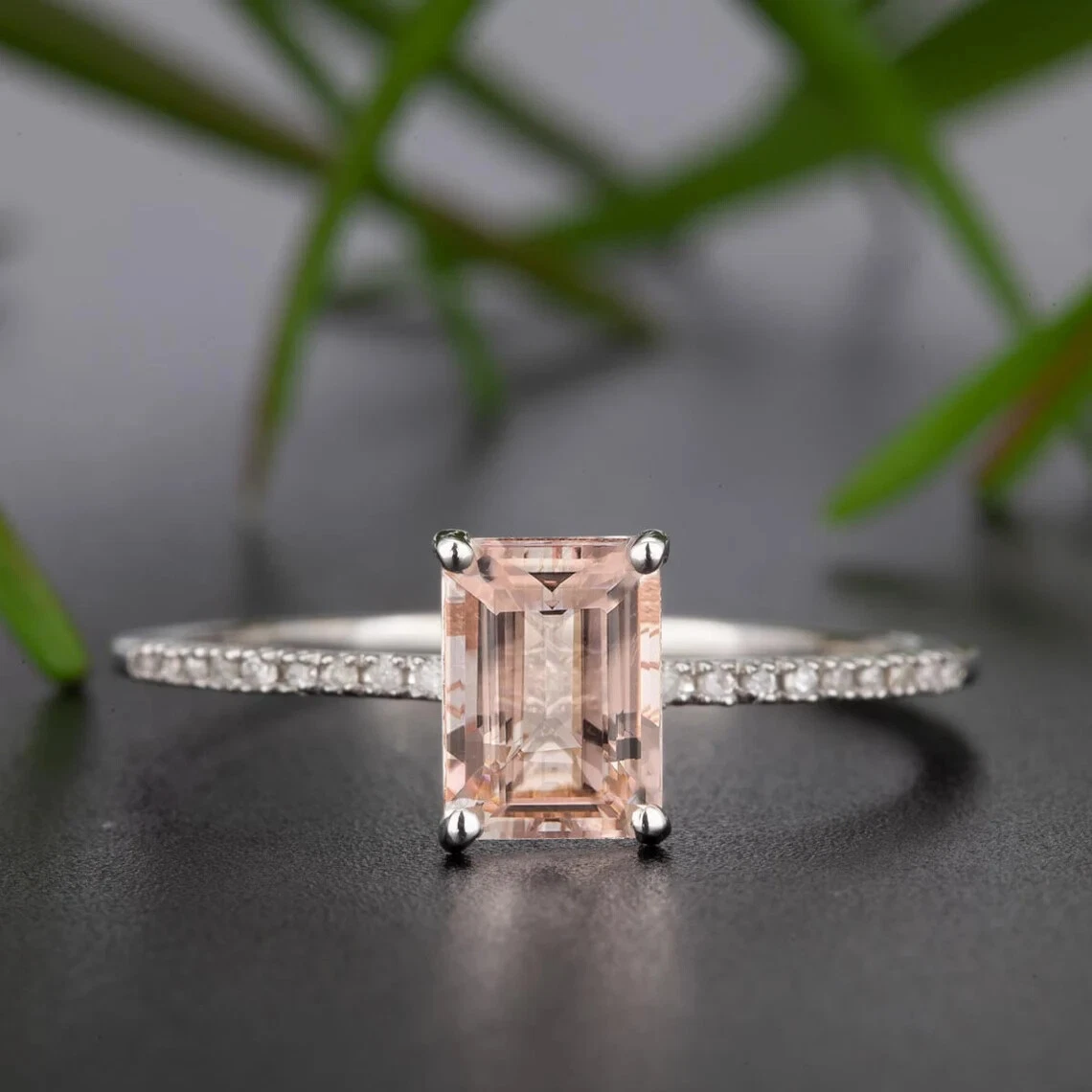 Emerald Cut Morganite And Diamond Engagement Ring For Women 14K Rose Gold Finish