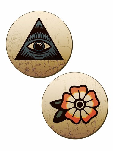 Traditional Tattoos 4 Piece Coaster Set, Diamond, Anchor, Flower, All Seeing Eye - Picture 2 of 4